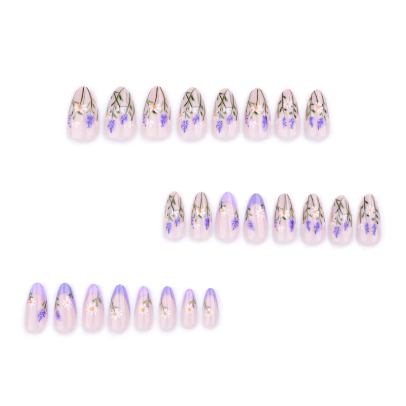 24 pièces printemps été ongles presse Ons fleur français violet faux