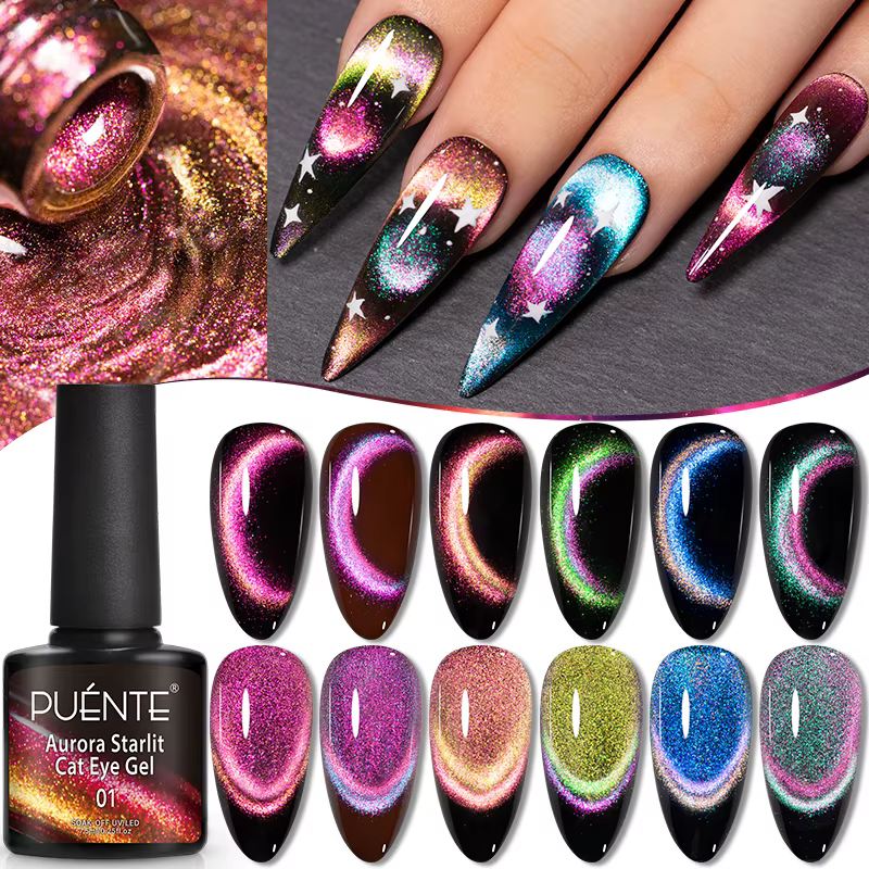 PUENTE 7.5ML Vibrant étoilé galaxie chat Gel magnétique vernis à ongles Aurora Gliter arc-en-ciel oeil de chat tremper UV vernis Semi-Permanent