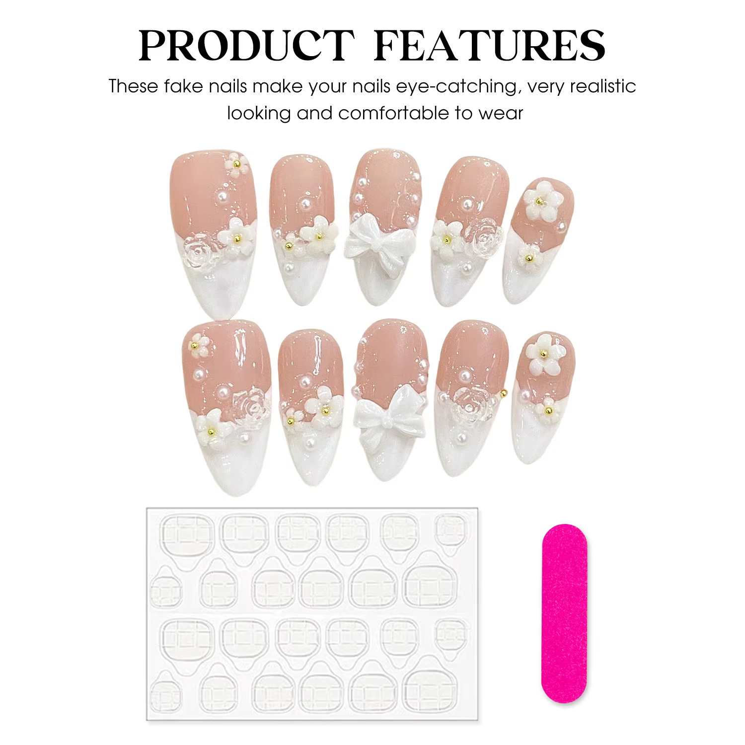 Faux ongles de style français fait à la main avec nœud papillon 3D