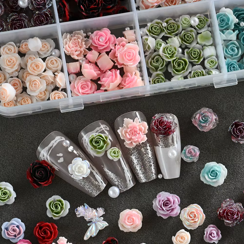 12 Grilles de Breloques 3D pour Ongles Camélia Rose