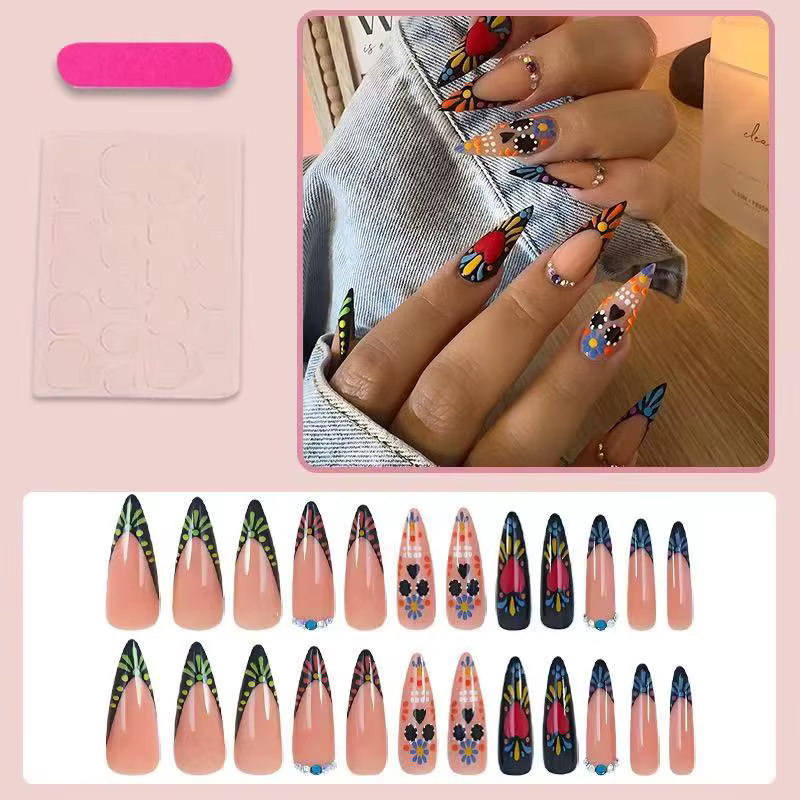 24 faux ongles, motif floral abstrait en forme de cœur orné de strass