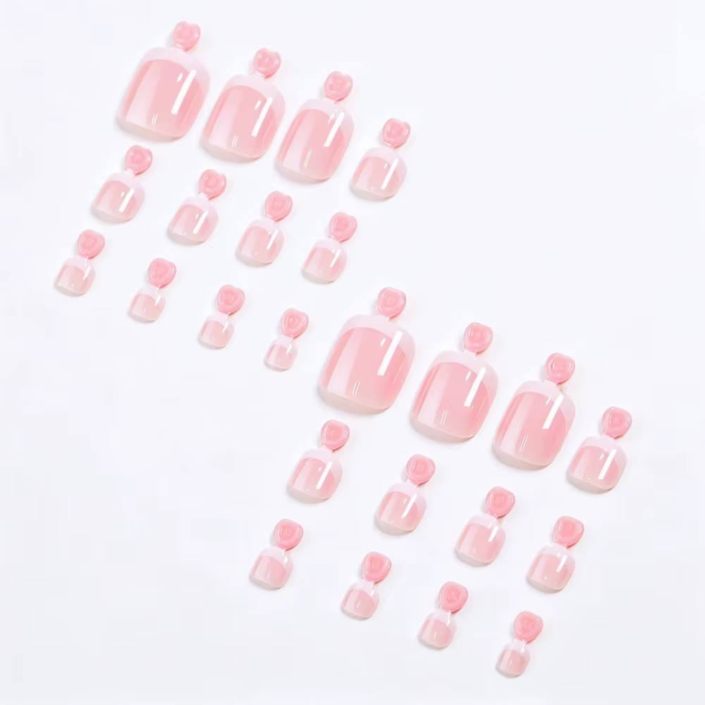 24 pièces/boîte Faux ongles de pieds roses brillants à presser, courts carrés, à couverture complète, style French blanc, portables F$5%R