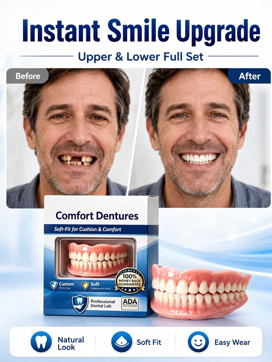 Dents artificielles, prothèses dentaires instantanées, solution naturelle pour les dents manquantes, ajustement confortable, utilisation facile, kit dentaire