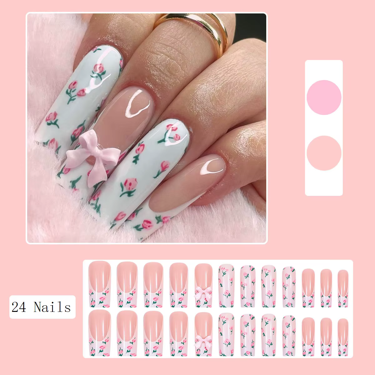 Faux ongles tubulaires longs avec nœuds cercueil rose fleur à pression pointe française portables couverture complète