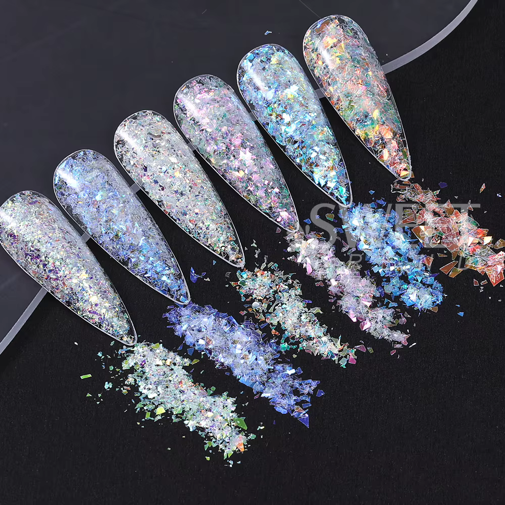 6 bouteilles de Paillettes blanches irisées pour Nail Art