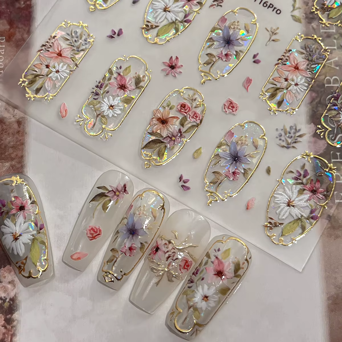 Autocollants 3D pour ongles Fleurs Élégantes, Motifs Palais Dorés, Décorations Auto-adhésives pour Nail Art, Fournitures DIY