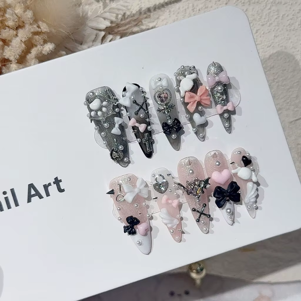 Jirai Y2K Spice Girl Black Pink Long Tip French Press On Nails Sweet Cool Menhera Nail Art 3D Bow Cross Kawaii Cute Fake