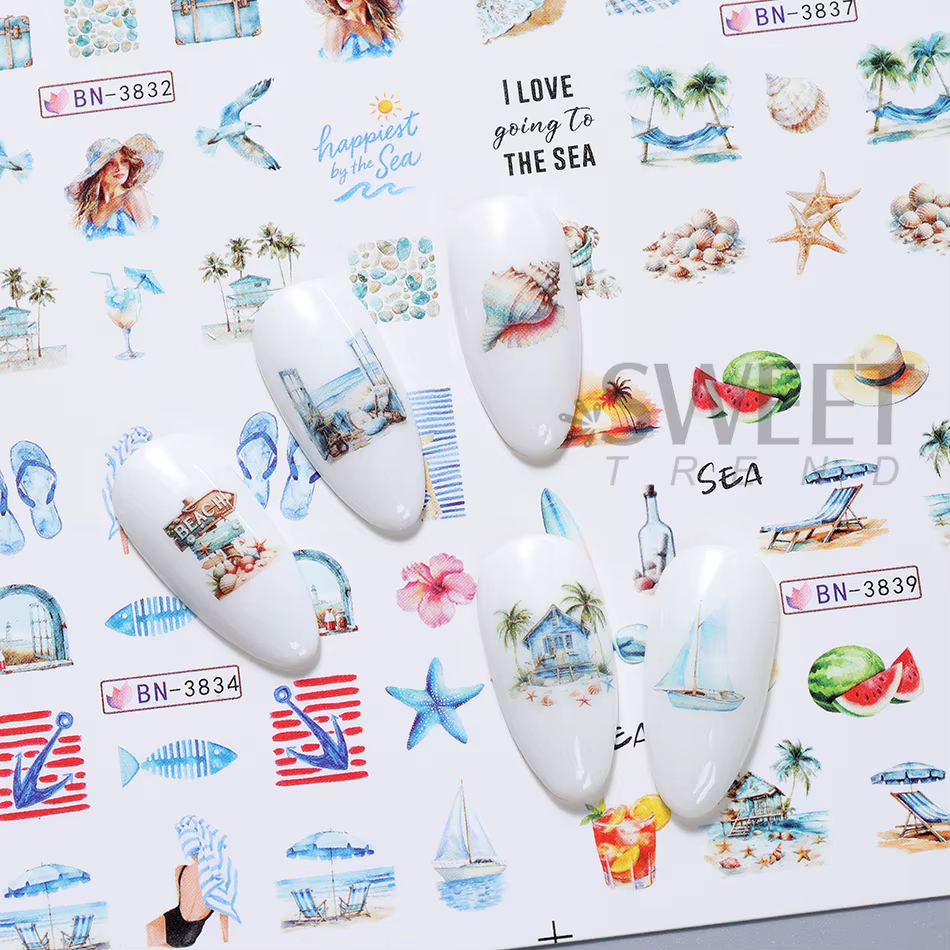 12 Motifs Autocollants Ongles Thème Océan Estival Coquillages Étoiles de Mer Méduses Décoration Manucure Transfert à l'Eau
