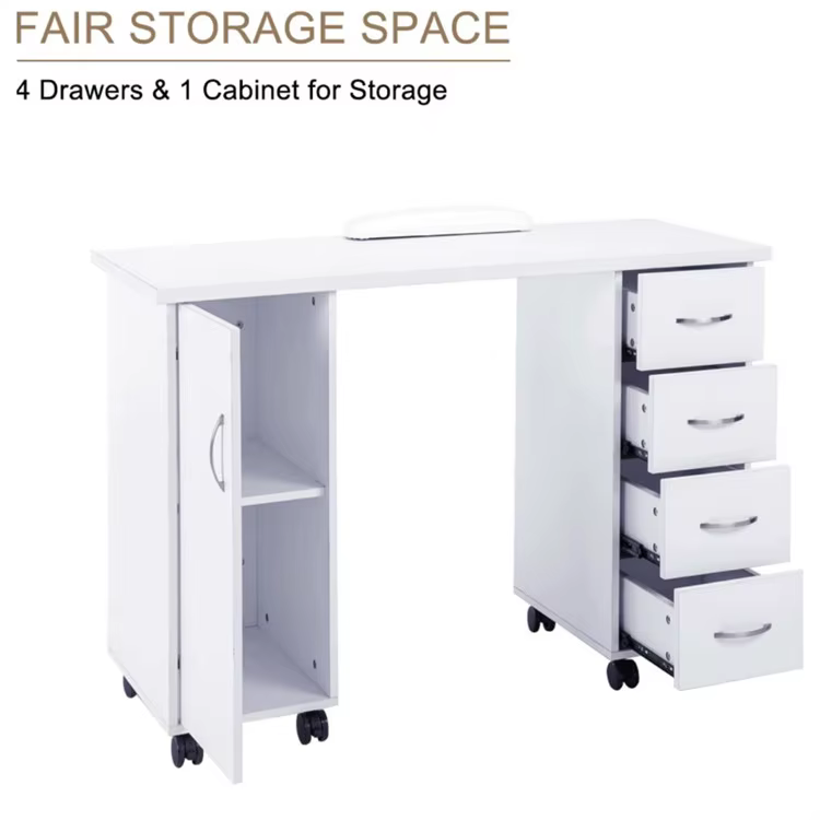 Table de manucure blanche, en bois, hauteur 75 cm/29,5 pouces, table à ongles portable, avec support pour les mains, bureau de manucure pour salon de beauté
