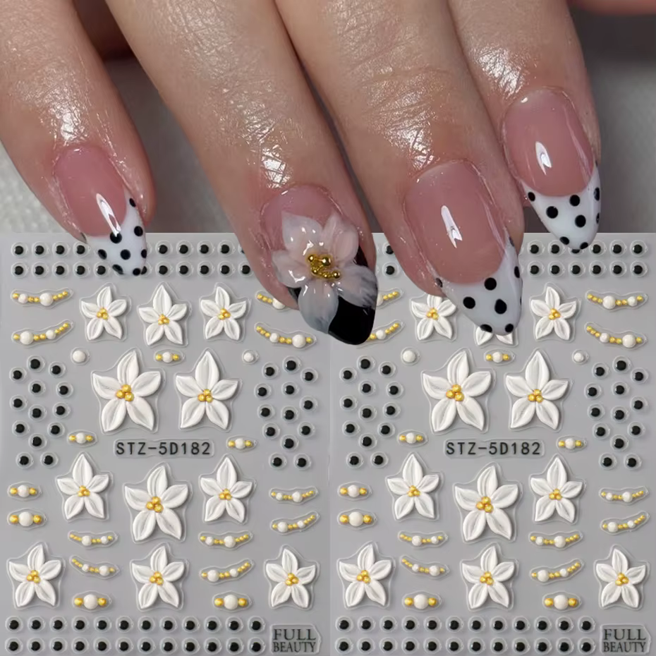 Autocollants pour ongles à motifs floraux tropicaux - Design floral blanc et à pois