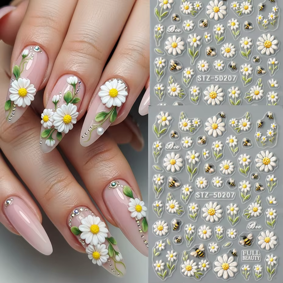 Autocollants pour ongles floraux adorables avec motif abeilles