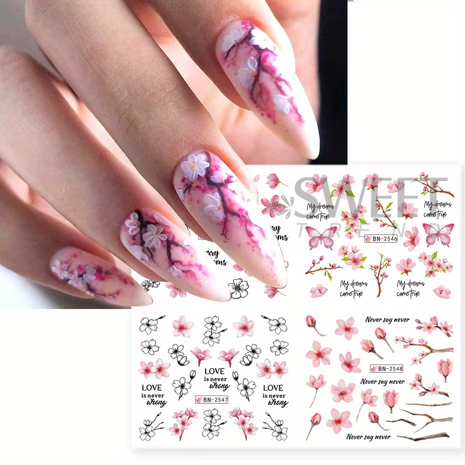 12 pièces rose fleur de cerisier eau curseurs d'ongles hiver nouvel an Sakura feuilles florales autocollants bricolage charme accessoires manucure décor
