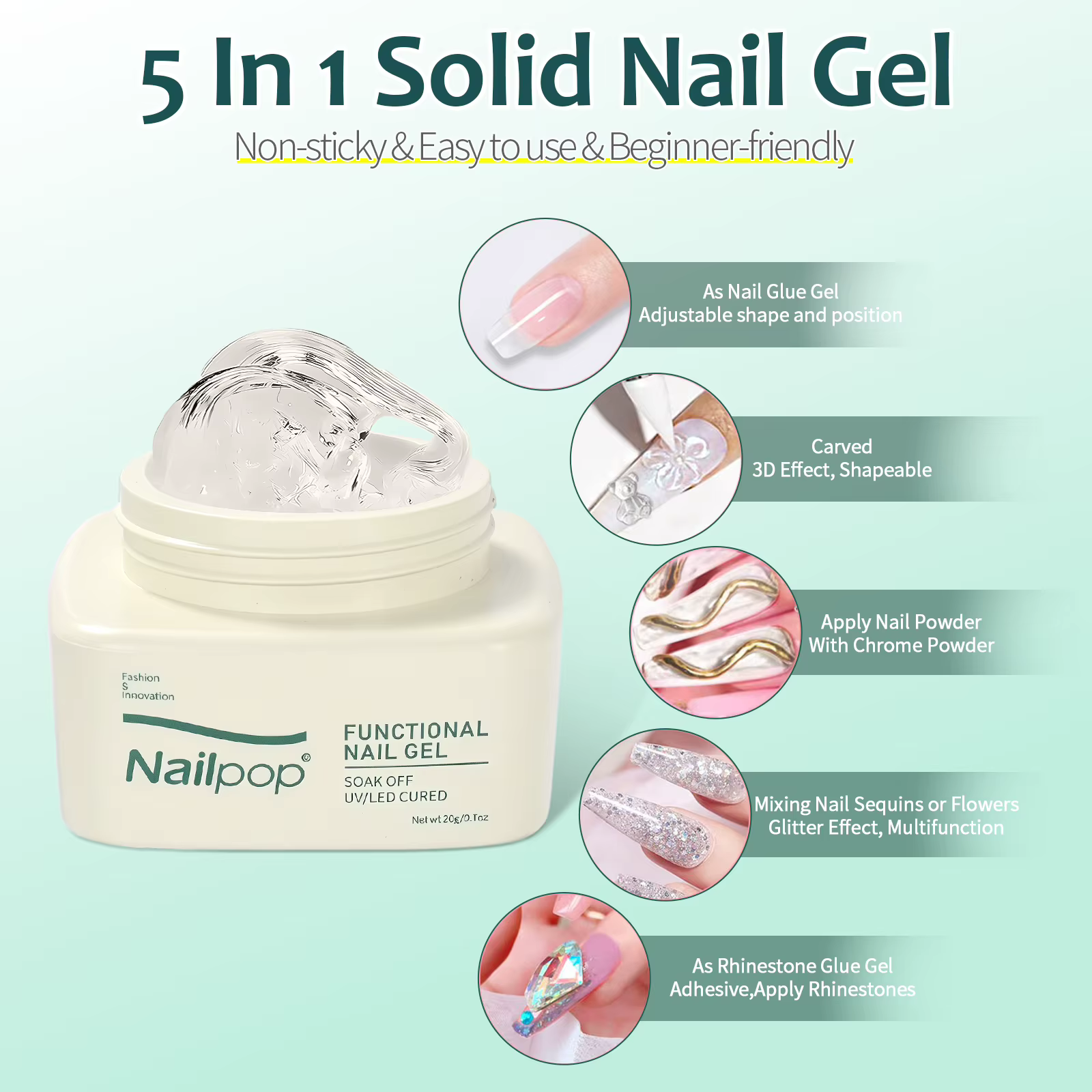 Gel solide Nailpop pour ongles en acrylique - Gel UV adhésif pour sculpture et strass