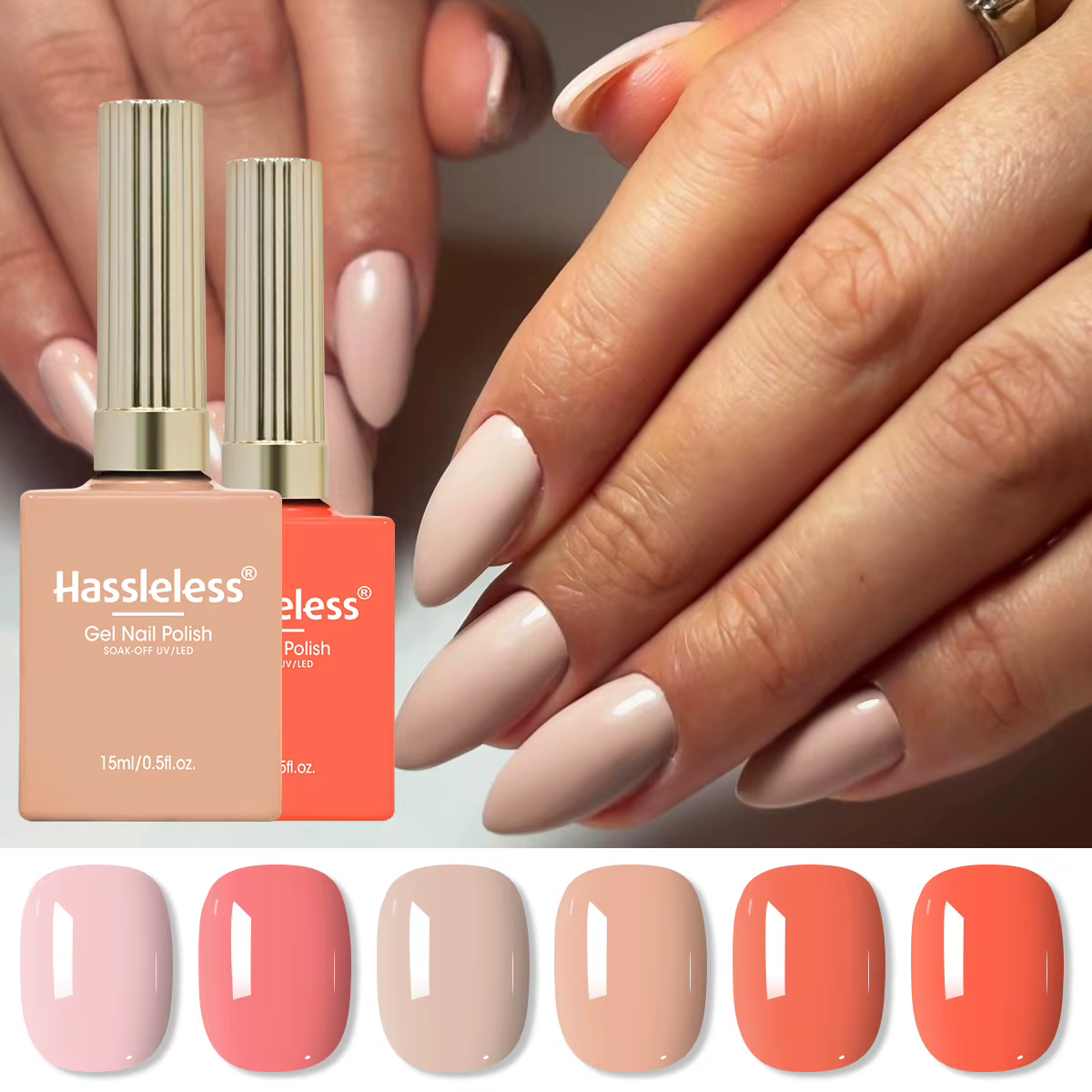 Le kit de gel pour ongles Hassleless de 6 flacons présente des couleurs hautement saturées. Chaque flacon contient 15