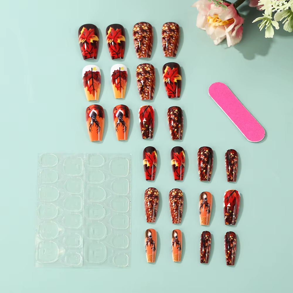 24 pièces automne ongles conseils feuilles d'érable décoré faux