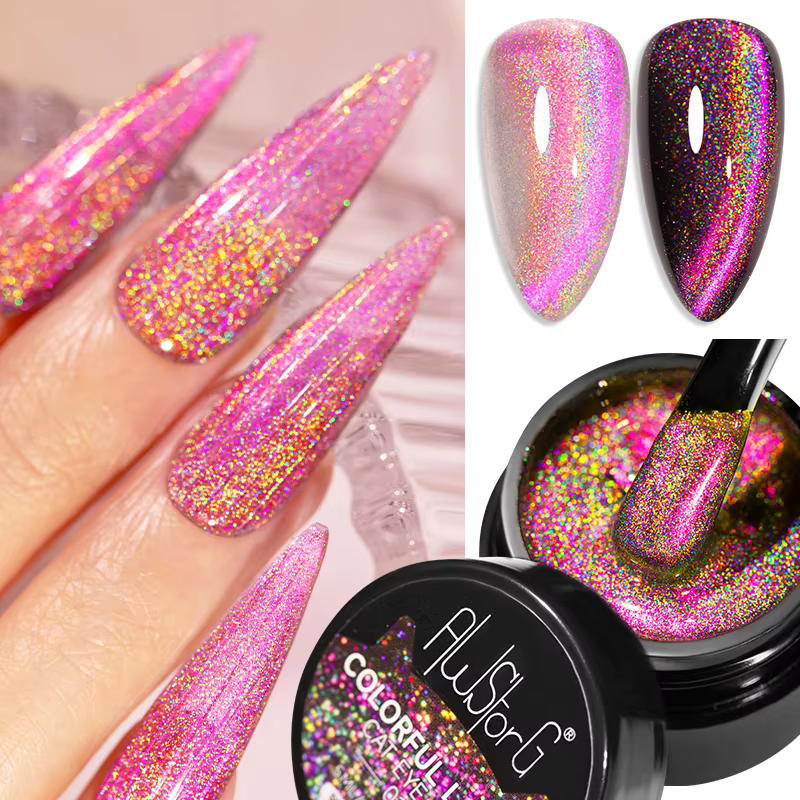 AWStorG 5ml Gel Oeil de Chat Laser Coloré Rose Lumineux Magnétique Vernis à Ongles Semi-Permanent Holographique Brillant Effet Argenté