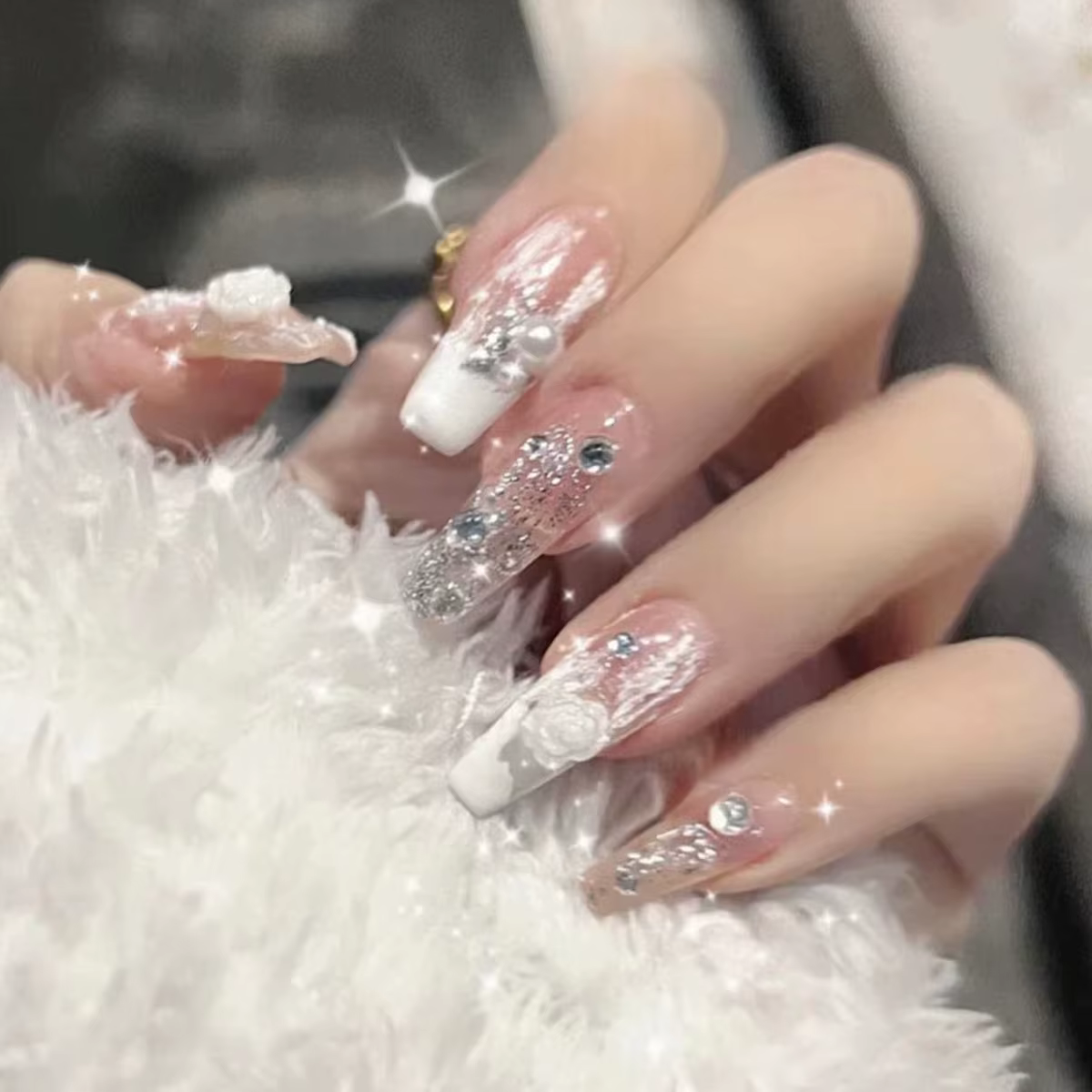 Nouveau femmes filles 24 pièce/ensemble moyen Ballet français blanc camélia pierre décoration couverture complète portable faux ongles presse sur Nail Art