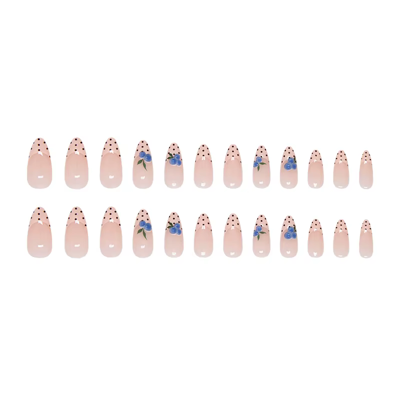 Faux ongles à presser en amande, nude à pois, style French, avec décor 3D Myrtille, amovibles, pour femme, manucure tendance, pour le printemps, le quotidien et les rendez-vous