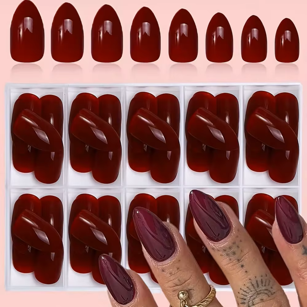 Faux ongles à presser rouge bordeaux brillants