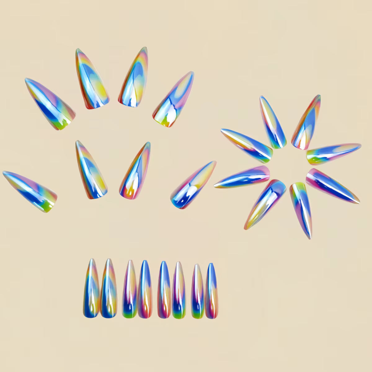 24 pièces/ensemble faux ongles plaqués holographiques pour femmes filles longue goutte d'eau violet aurore brillant