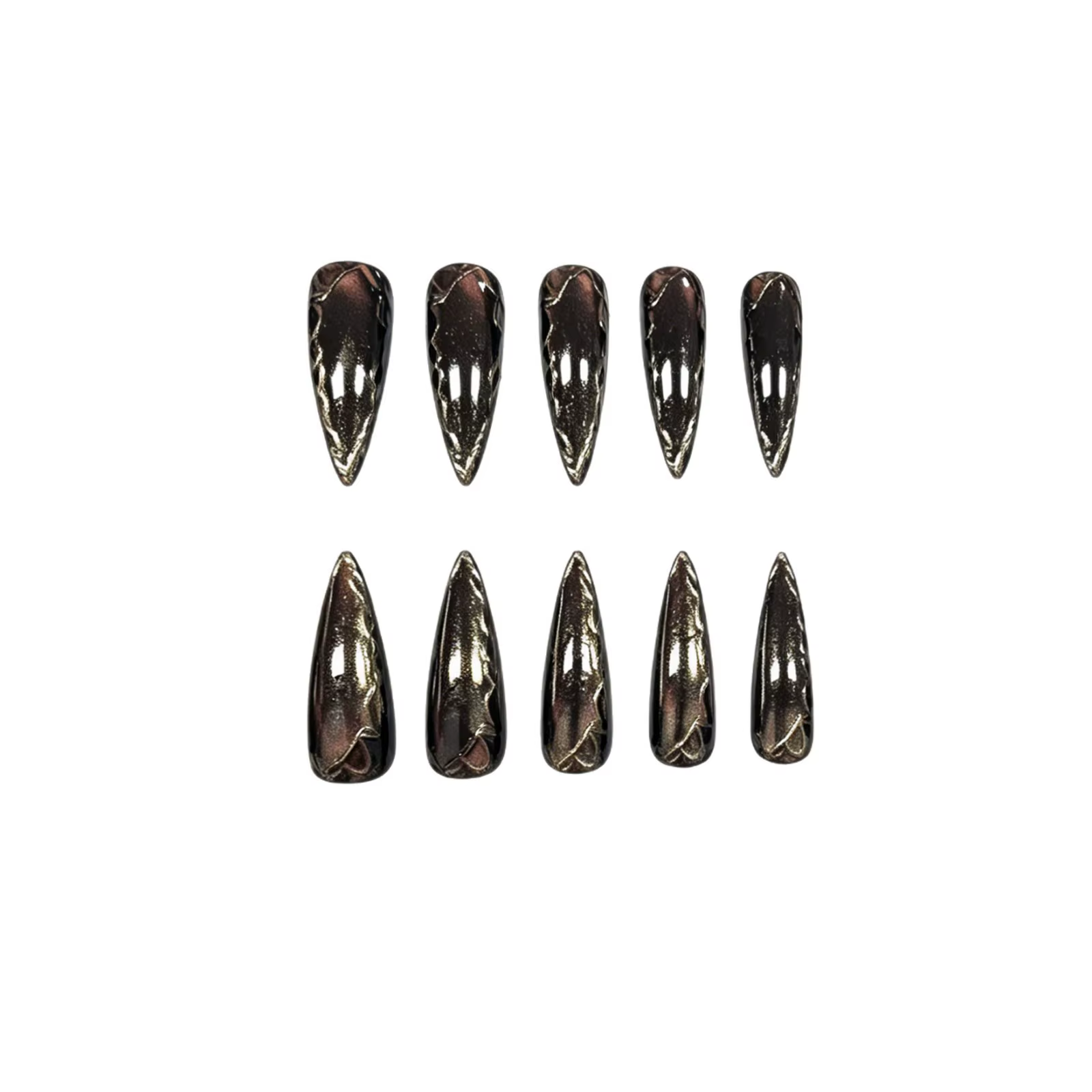 24 faux ongles longs en métal foncé style punk, effet œil de chat 3D marron