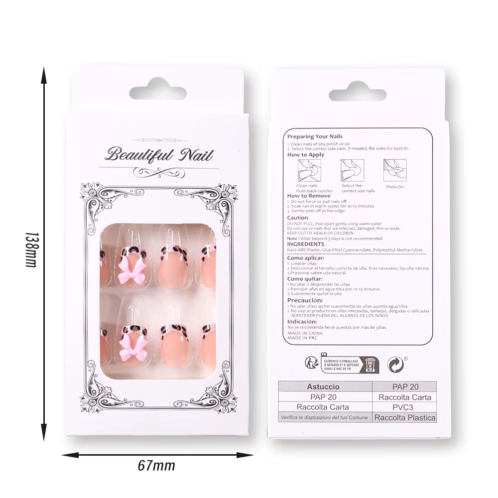 24 pièces court carré léopard français faux ongles 3D rose nœud papillon presse