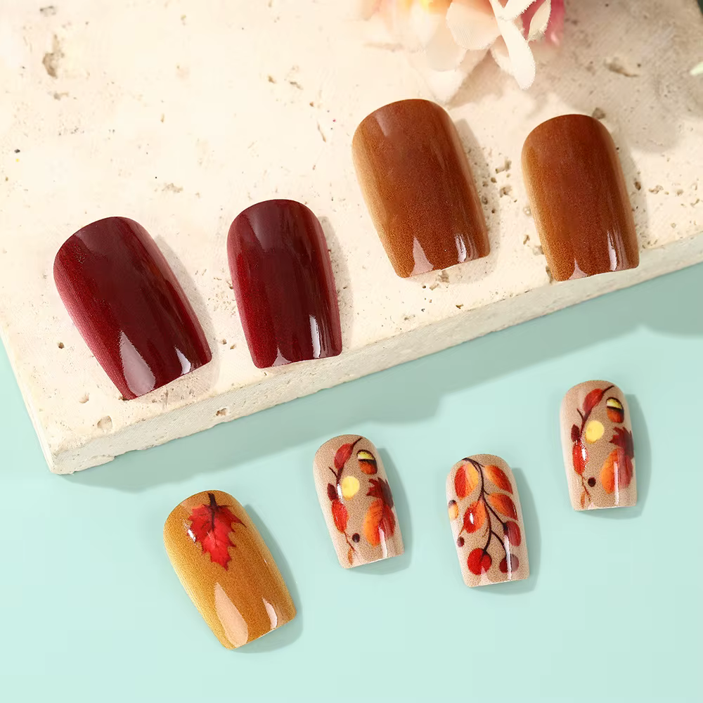 24 pièces automne Nail Art conseils feuilles d'érable décoré faux presse sur ongles esthétique
