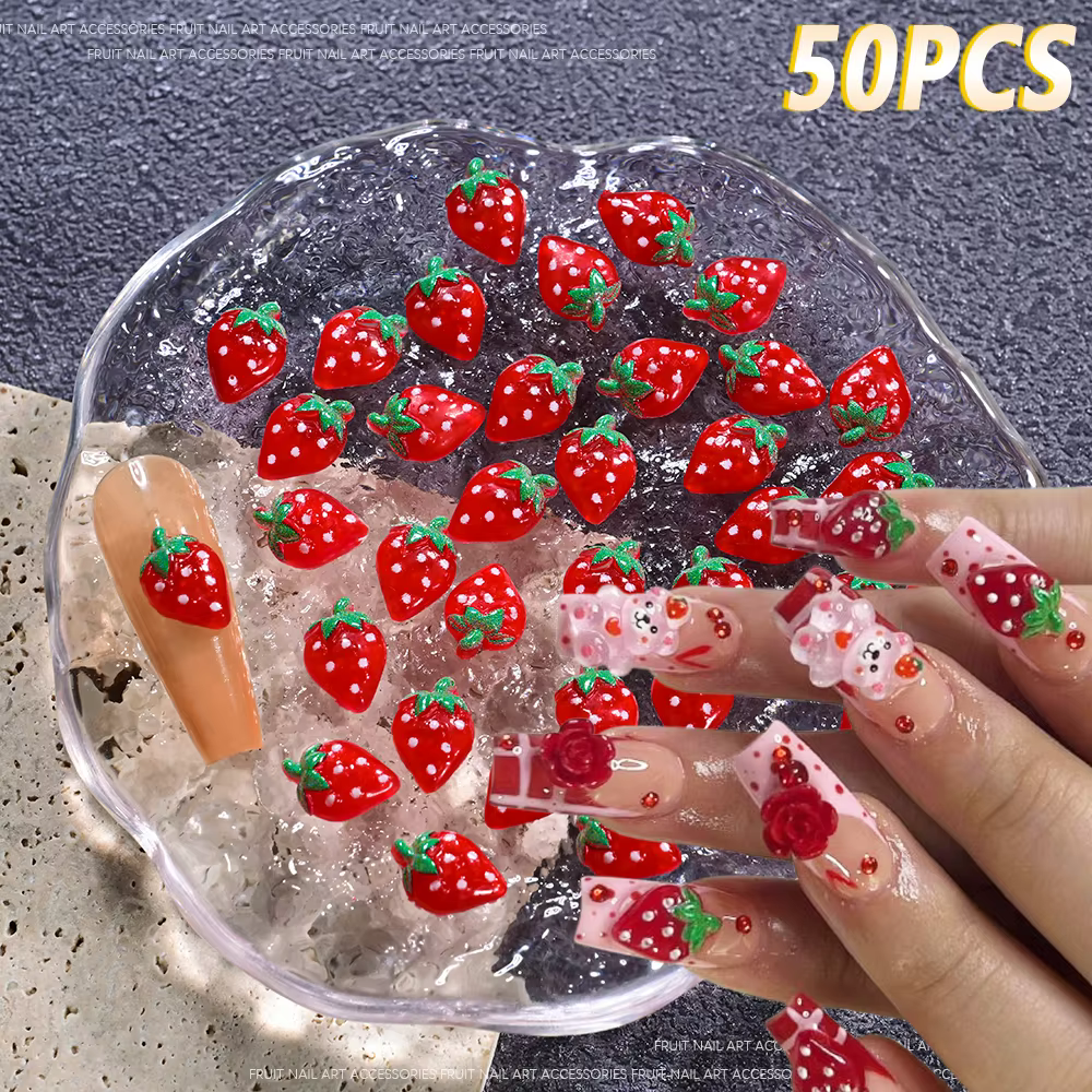 50 pièces 3D mignon fraise Nail Art décorations mode dessin animé Fruits ongles breloques pour Kawaii bricolage coque