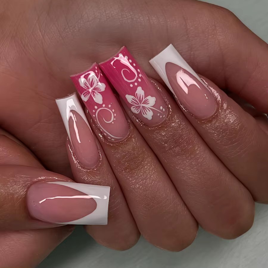24 pièces fée fleur blanche faux ongles rose pointe française presse