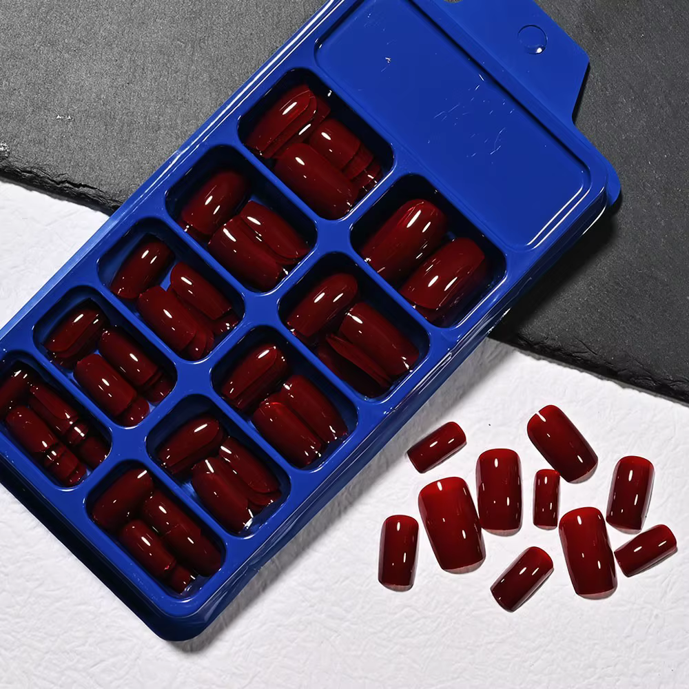 120 faux ongles carrés brillants rouge rose