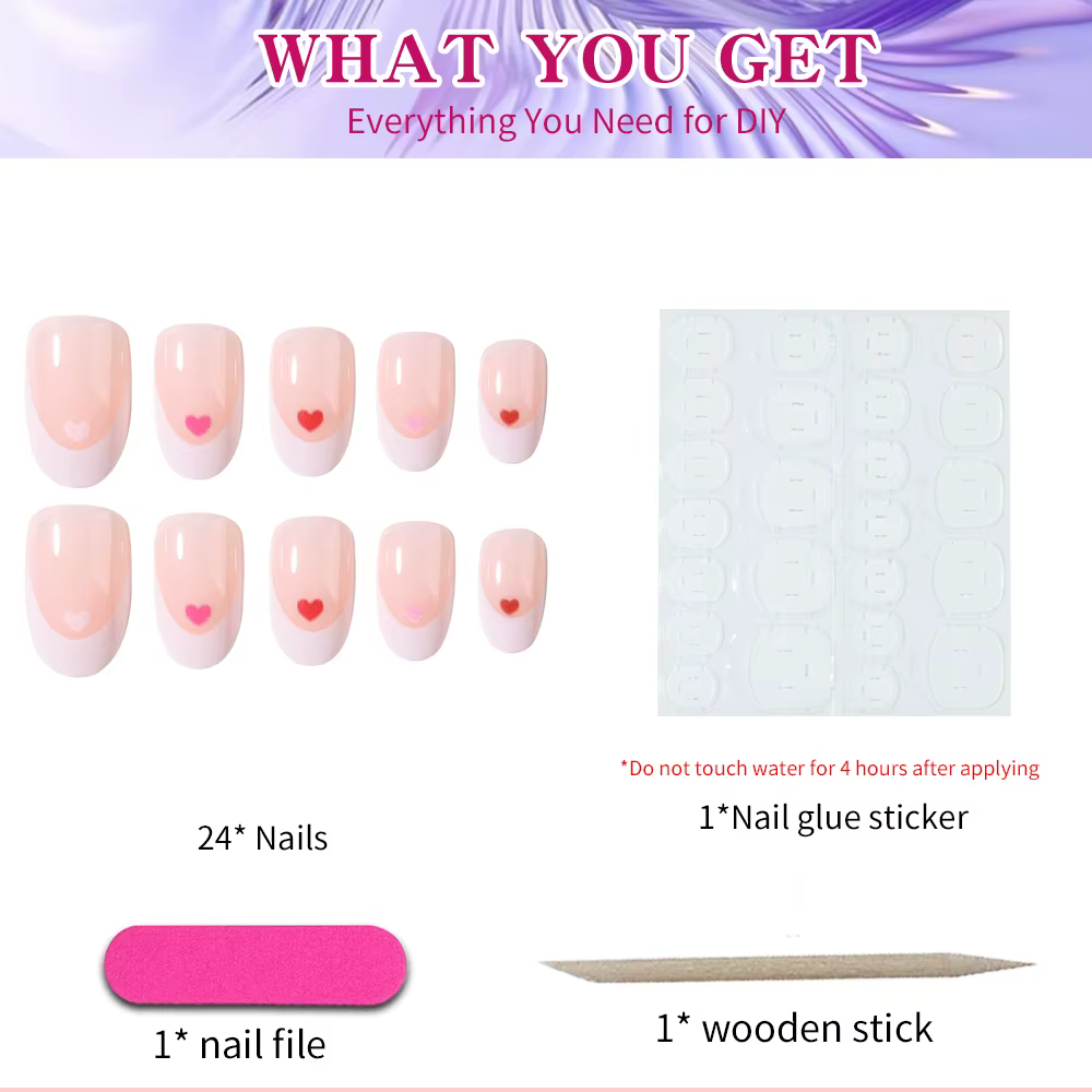 24 pièces par ensemble. Ongles courts ovales blancs en forme de cœur