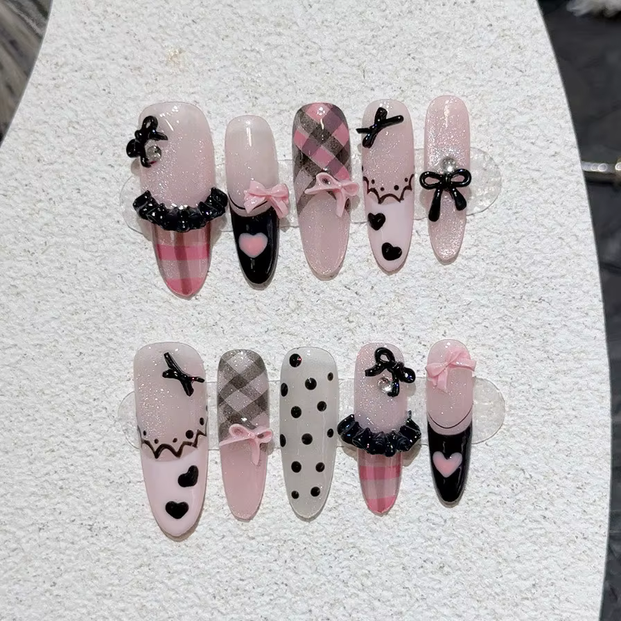Noir rose doux français amande presse à la main sur les ongles grille à pois amour jupe Ballet faux