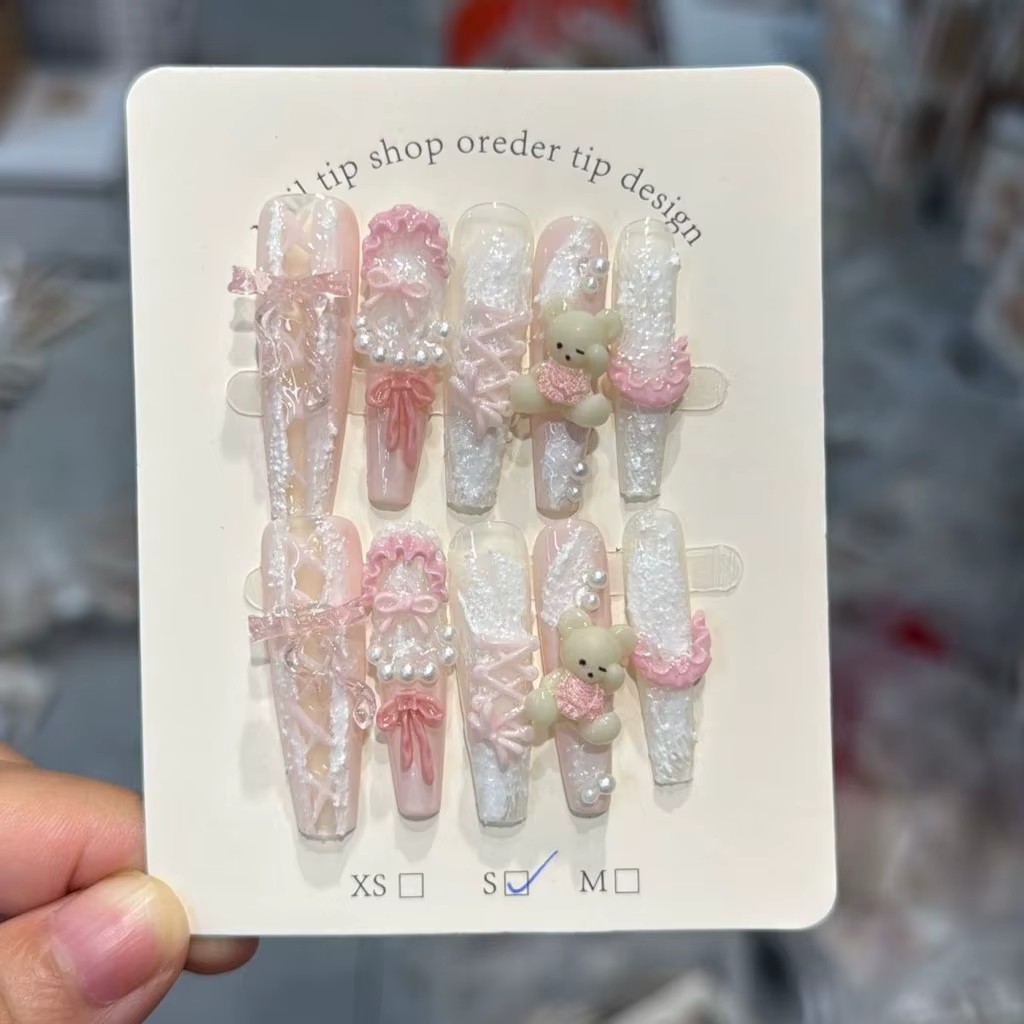 10 Pièces Faux Ongles à Presser Faits Main French Manucure en Dentelle