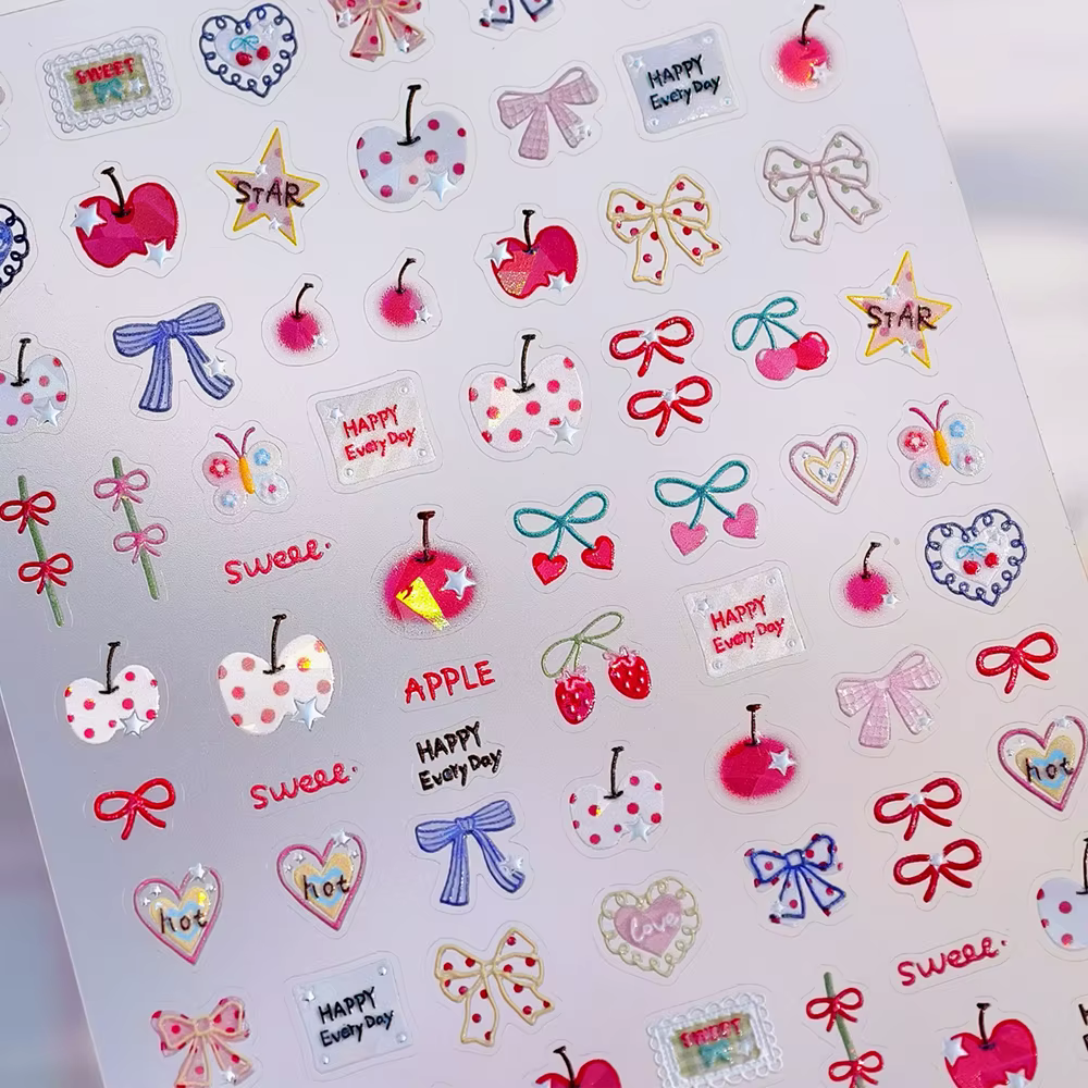 Autocollant 5D pour Nail Art, gelée de tomate, nœud papillon romantique, étoile scintillante, amusant, thème de fruits, décoration auto-adhésive, décalcomanie de manucure, DIY bricolage