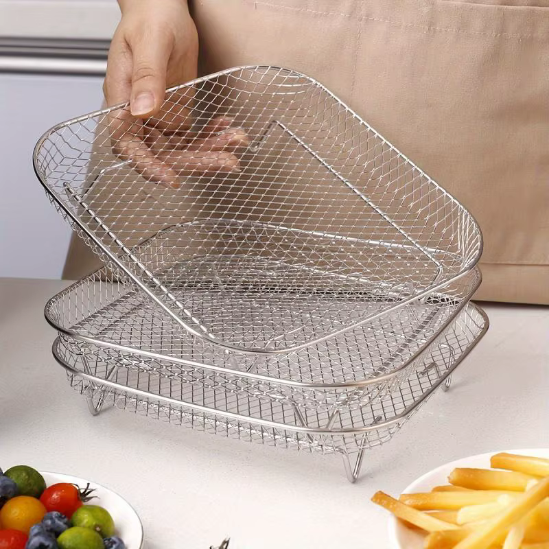 Ensemble d'accessoires pour friteuse à air en acier inoxydable 3 pièces - Grille carrée pour frites et grillades pour la cuisine et la salle à manger, grille pour friteuse à air
