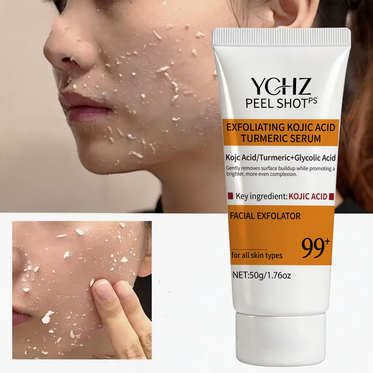 Gel exfoliant à l'acide kojique et au curcuma, adapté au visage et au corps, gommage doux parfumé à l'orange, gel nettoyant pour le corps, élimine les peaux mortes, nettoyant pour la peau - 50 g