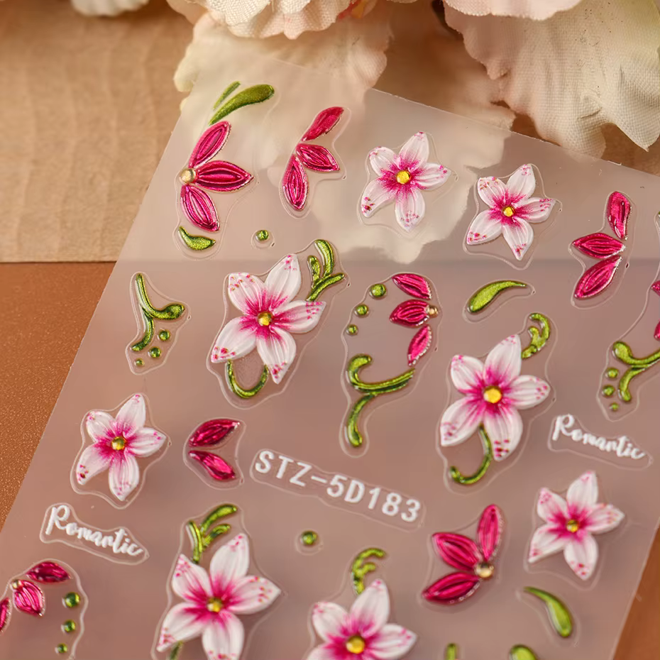 Autocollants pour ongles motif fleur de lys rose - Motifs fleurs roses et feuilles vertes