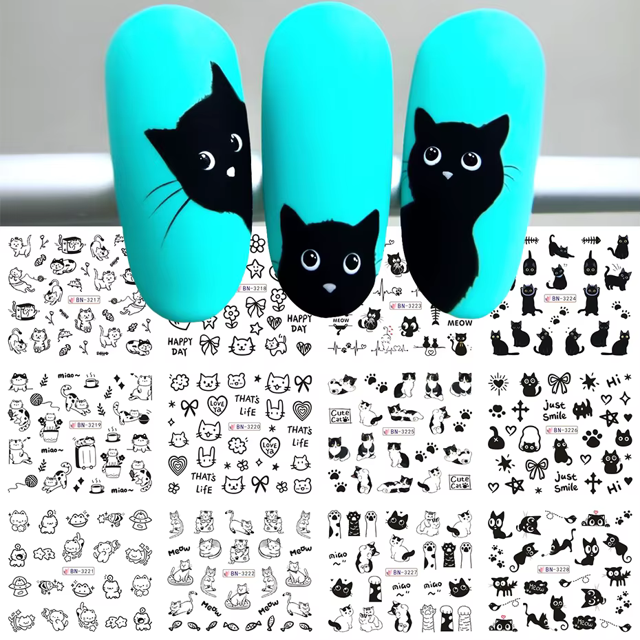 Autocollants à l'eau pour ongles chat noir