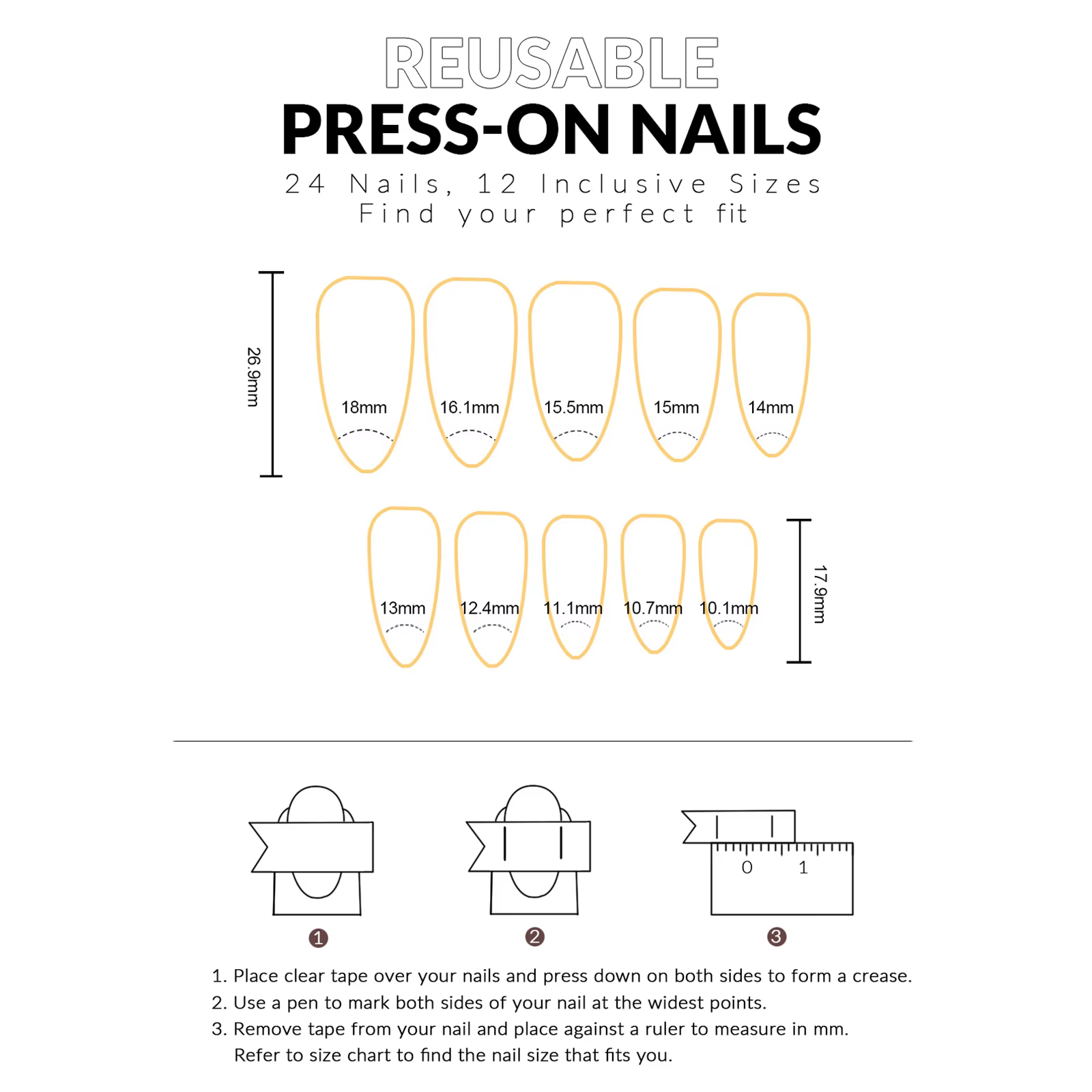 24 faux ongles français INS avec motif à pois noirs et rayures jaunes