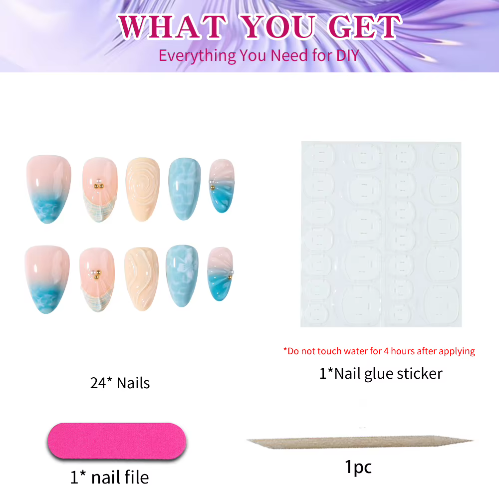 24 pièces par ensemble. Faux ongles courts en gel 3D en forme d'amande