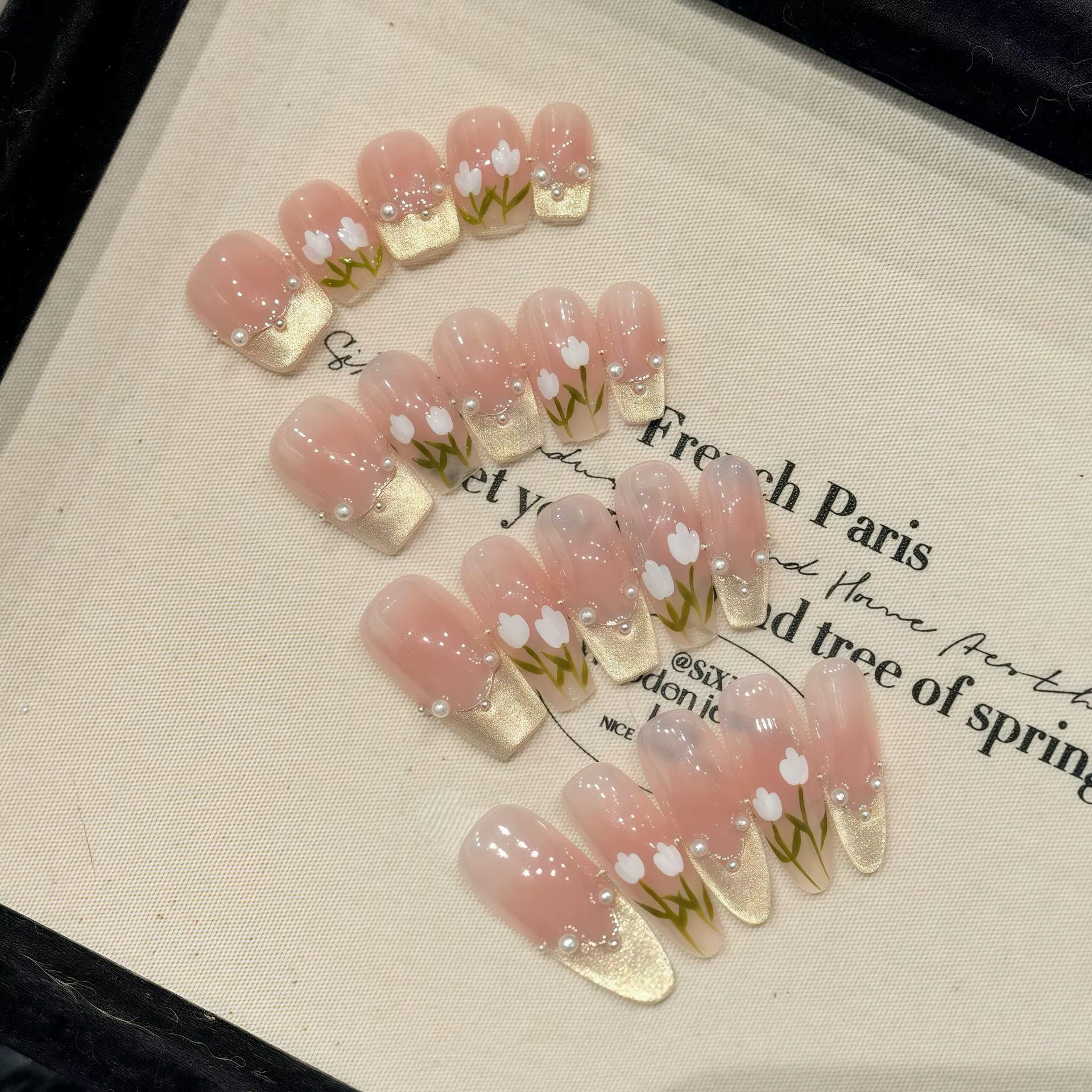 10 pièces oeil de chat faux ongles faits à la main avec perle longue amande couverture complète pointe d'ongle tulipe
