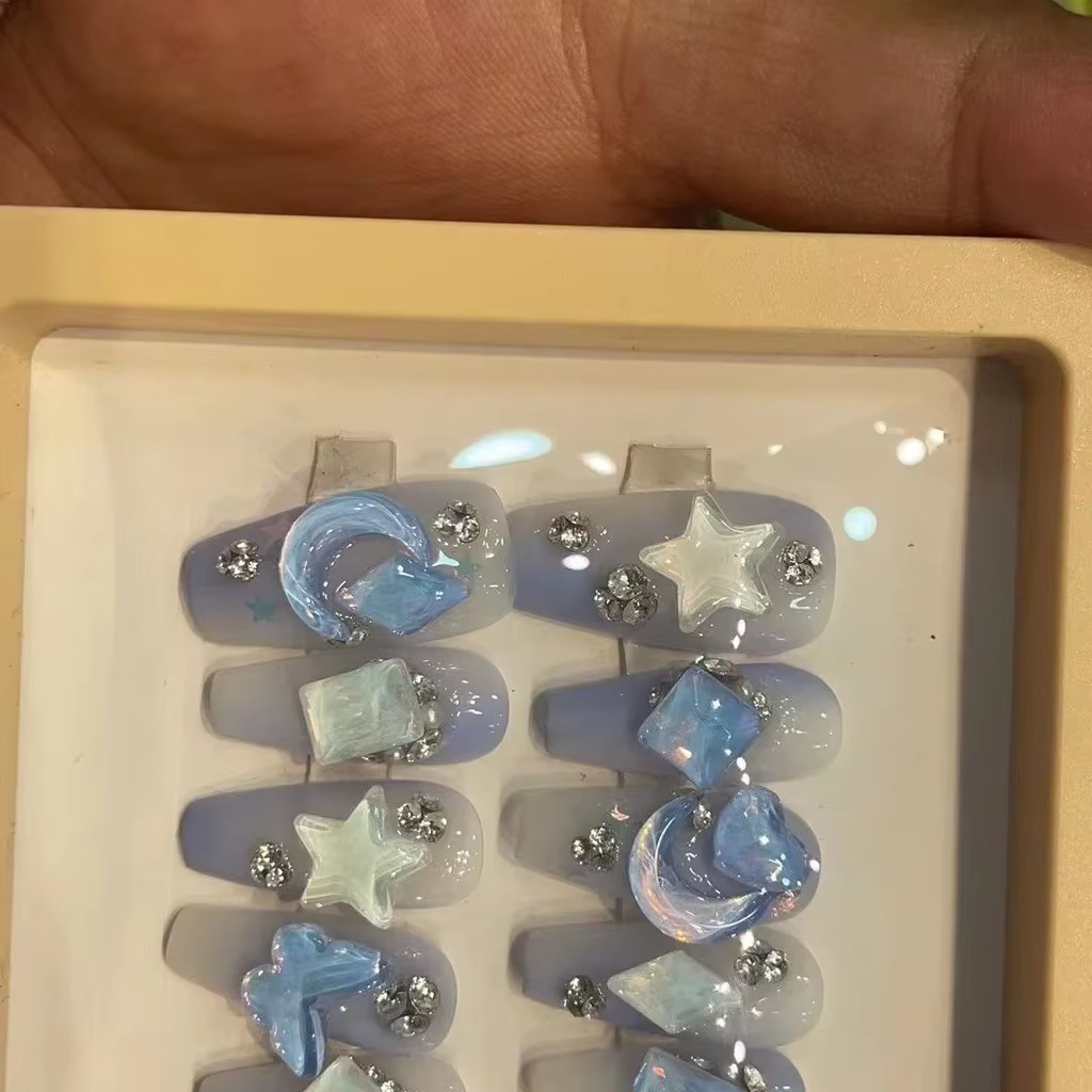Halo Bleu Faux Ongles Star Lune Nail Patch Diamant
