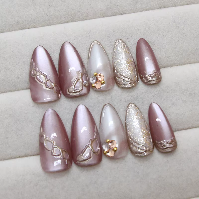 Faux ongles œil de chat marron à pression pour filles