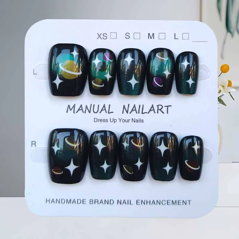 10 pièces 【Happy Planet 】 Cool Fantasy noir dégradé manucure presse sur les ongles Ins tendance détachable faux