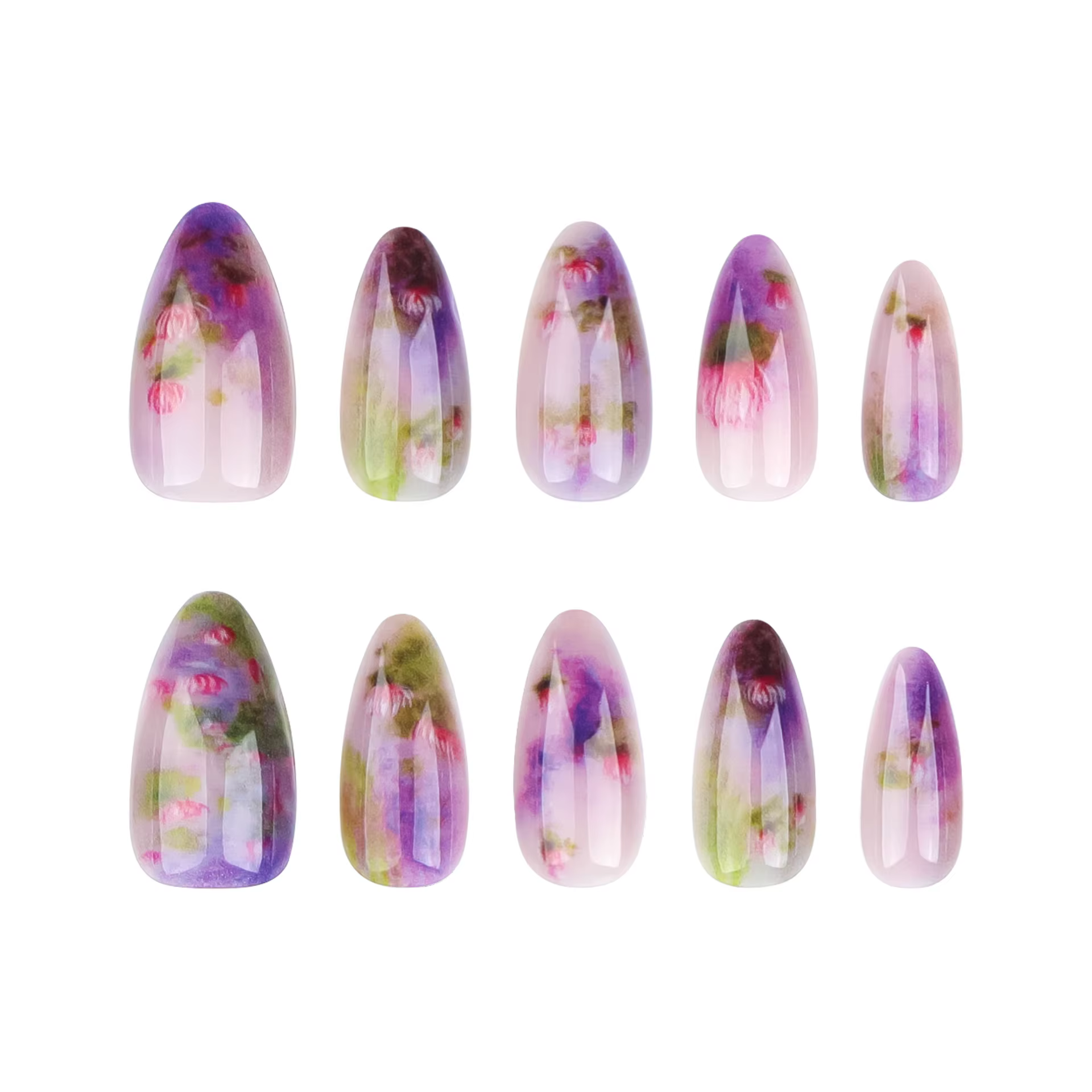 24 pièces été fleur de Lotus faux ongles violet Blush amande
