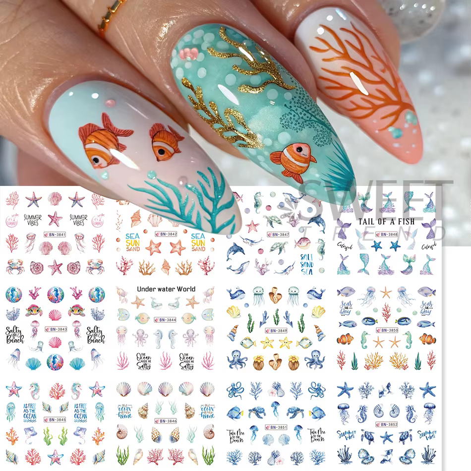 12 Motifs Autocollants Ongles Thème Océan Estival Coquillages Étoiles de Mer Méduses Décoration Manucure Transfert à l'Eau