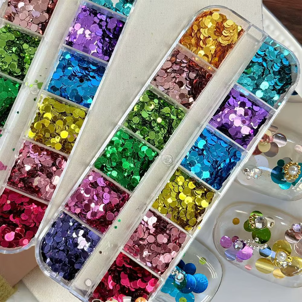 12 grilles de paillettes 3D colorées mini rondes pour ongles