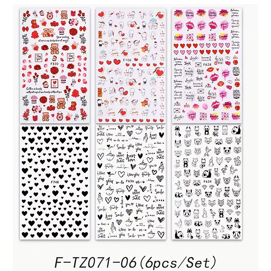 6 pièces 3D saint valentin Nail Art autocollant amant lettre mignon fille dessin animé curseur enveloppe complète