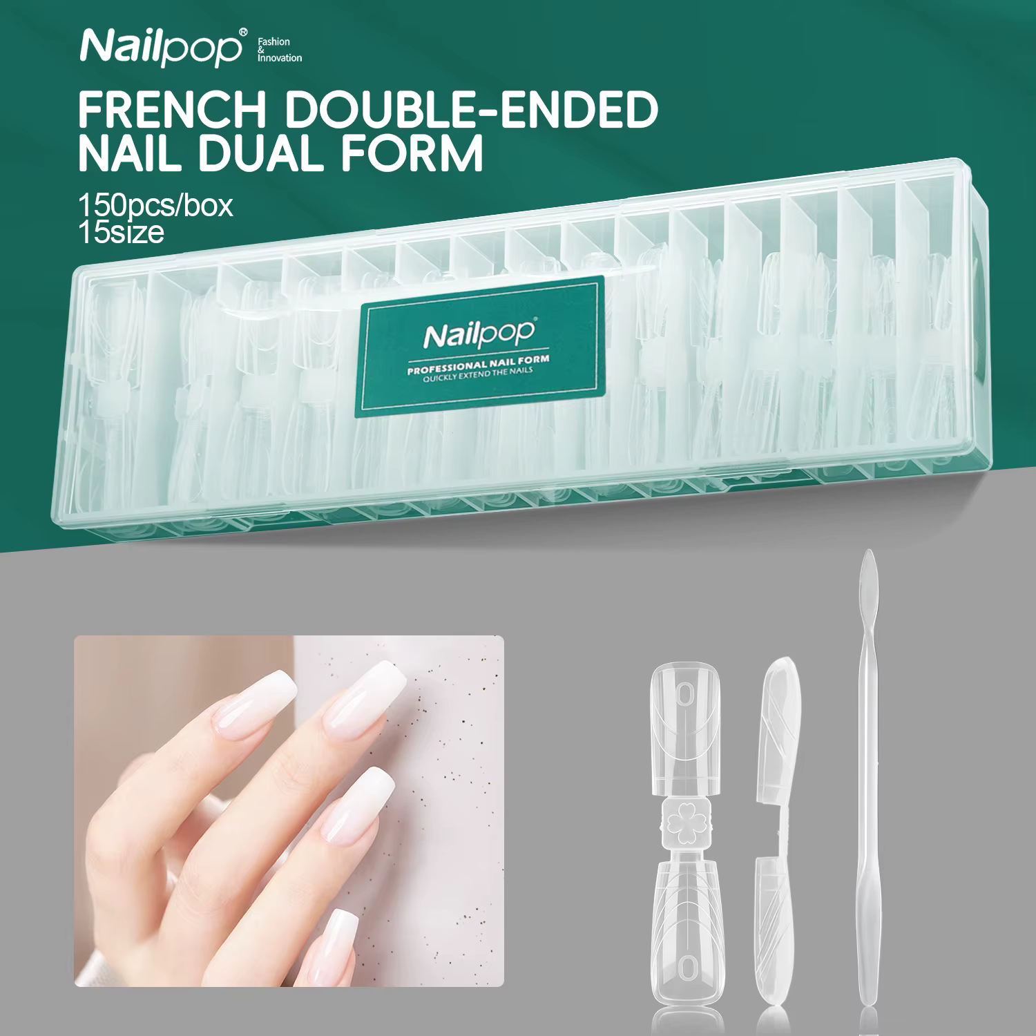 Nailpop Double Ended Nail Dual Forms 150pcs Reusable Square Coffin Extension Molds Gel Builder Tips Professional Salon