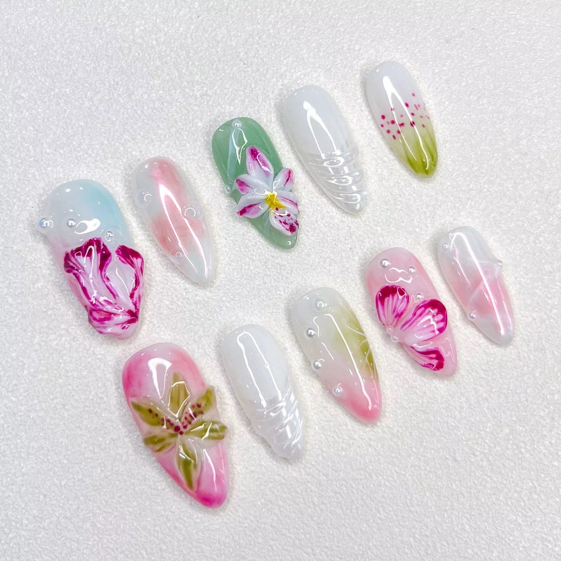 Printemps fait à la main presse sur ongles 10 pièces brillant rose 3D fleur